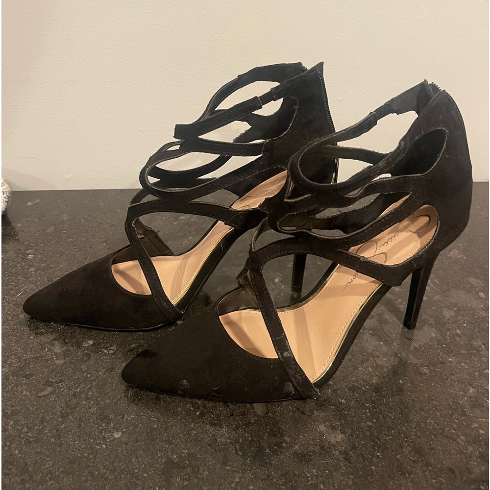 Jessica Simpson Pamira Black Caged Stiletto Heels Shoes Faux Suede